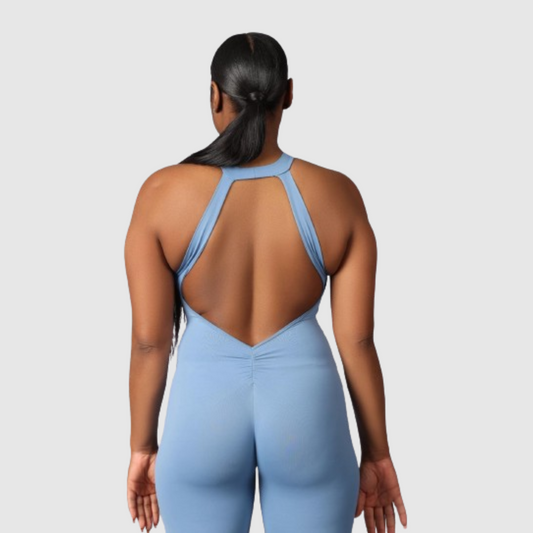 All in One Women's Solid Ruched Cut Out Backless Halter Sports Jumpsuit-blue