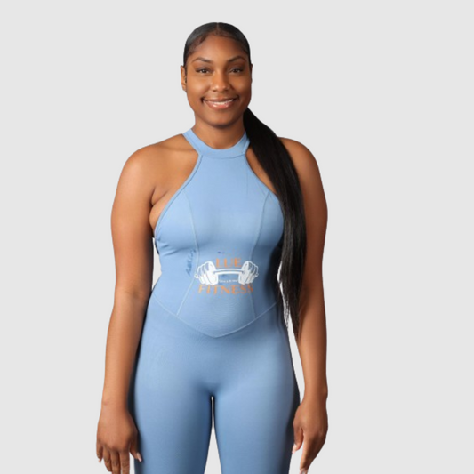All in OneWomen's Solid Ruched Cut Out Backless Halter Sports Jumpsuit-blue